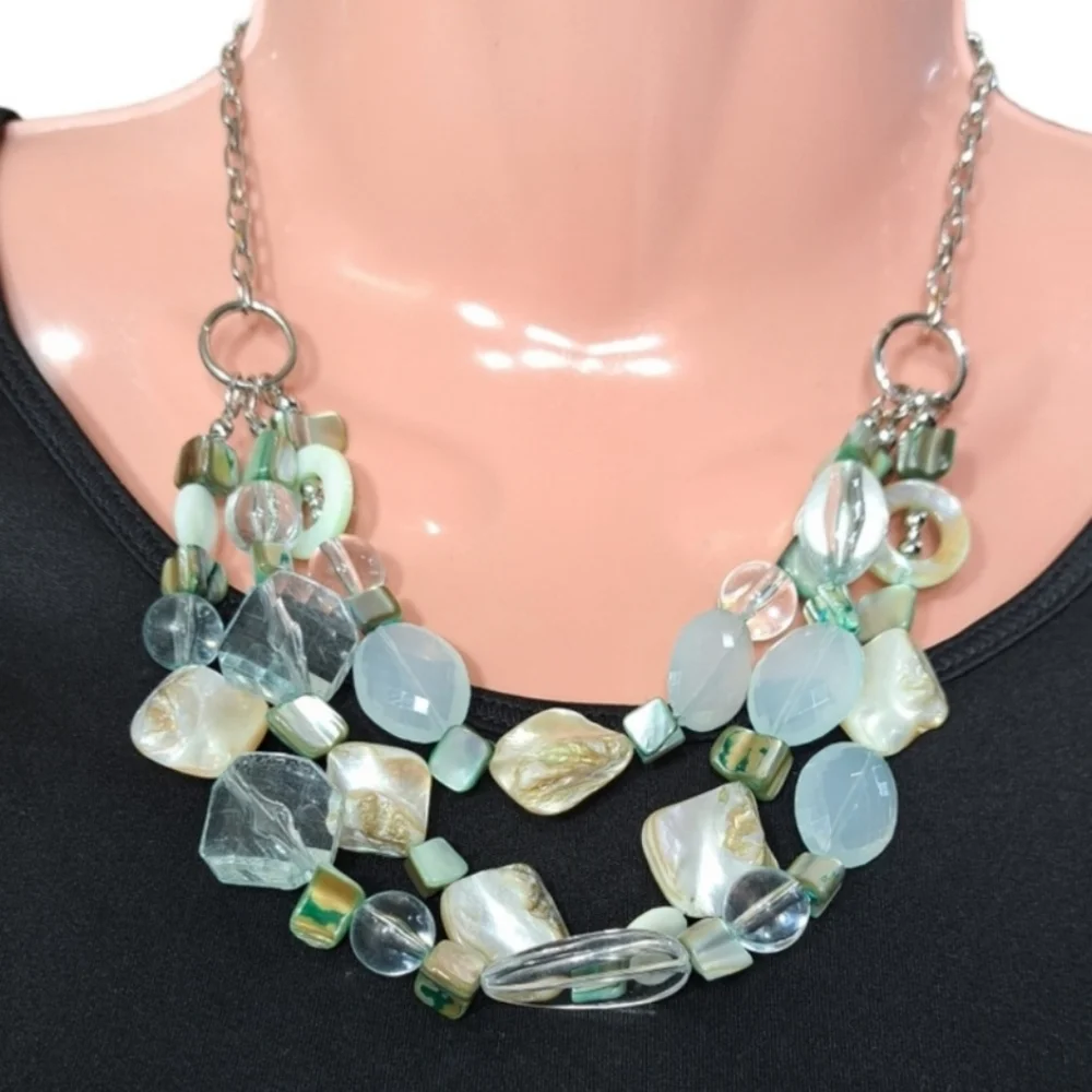 Women's Silver Tone Light Green Faux Mother of Pearls Necklace 10 Inches - Picture 15 of 16